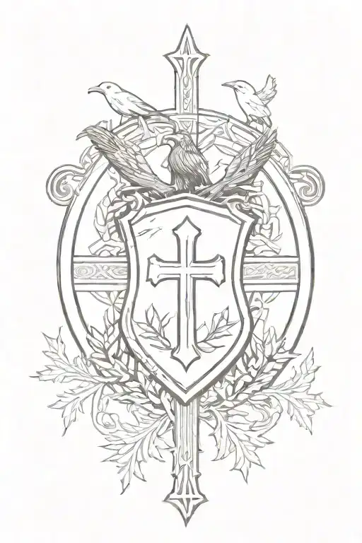 Rooker Family Crest with a shield surrounded by cedar trees with  6 Crows on a celtic cross in a circle tattoo design idea