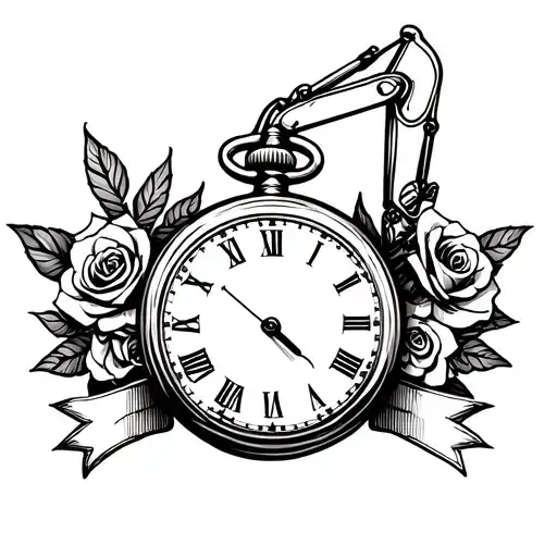 Pocket watch with excavator as background of pocket watch, two ribbon banners and roses behind the pocket watch tattoo design idea