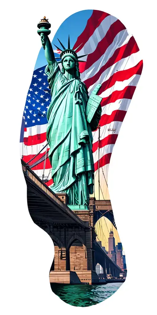 ironworker local 361, Brooklyn bridge, Statue of Liberty, broadway american flag tattoo design idea