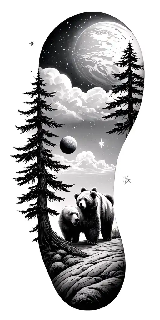 trees and bear lower arm honey comb sky then space planets stars upper arm tattoo design idea