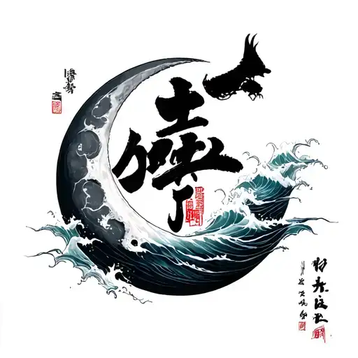 moon wolf sea Chinese letters for go with the flow tattoo design idea