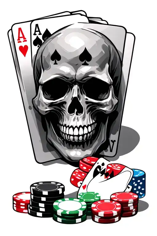 skull under it playing cards aces, chips and roulette dice tattoo design idea