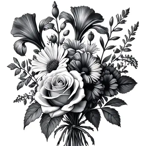 flower bouquet of rose, iris, sweet pea, larkspur, aster tattoo design idea