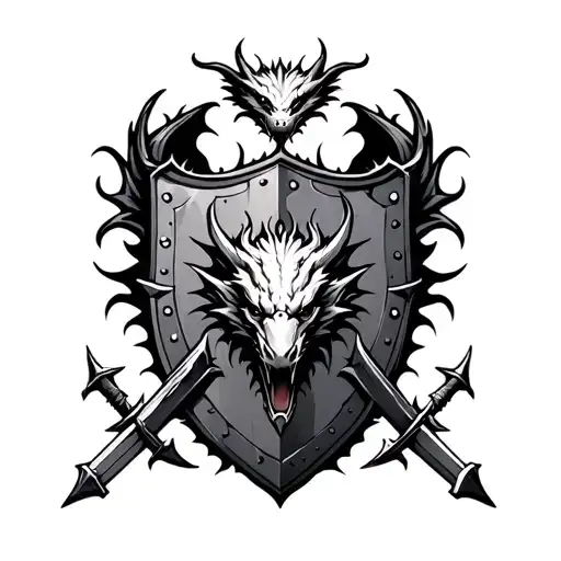 Draconic shield, with a cruel head dragon in the center, fierce and cruel  emblems, evils swords passing through tattoo design idea