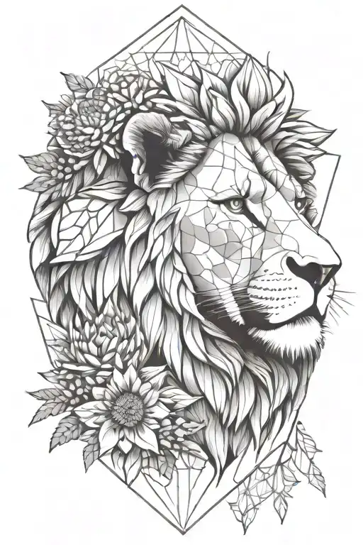 Lion head with table mountain and fynbos bouquet with king protea tattoo design idea