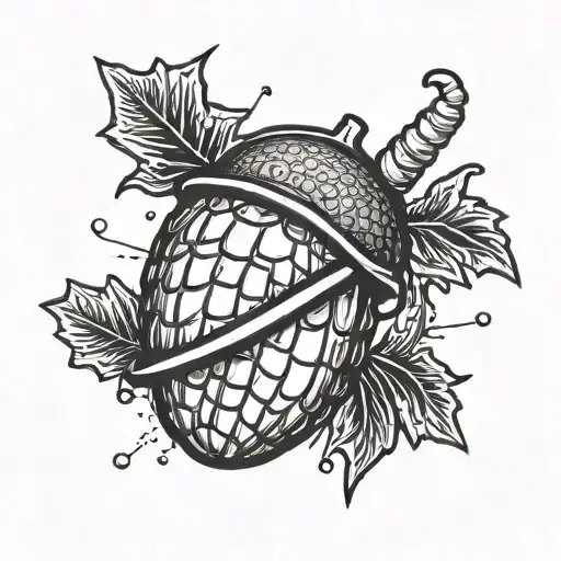 Punk look, black-and-white acorn, fine line minimalist, alternative grunge tattoo design idea