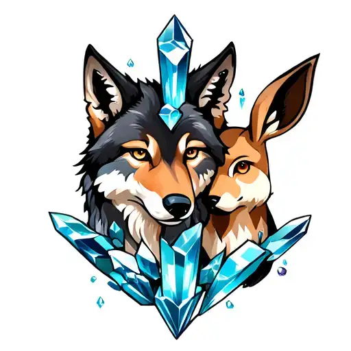wolf and evee and crystals tattoo design idea