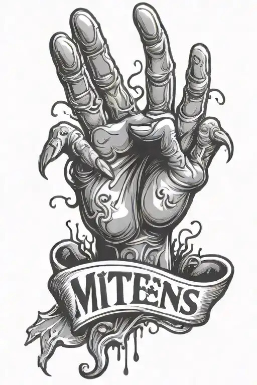 zombie hand with the word 'mittens' in a banner arching around it tattoo design idea