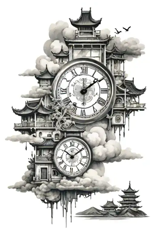 Chinese cloudy city scape with clocks and hour glasses tattoo design idea