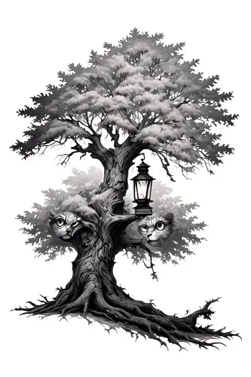 I want a black and white oak tree mixed with a lantern and a pair of lion eyes  tattoo design idea