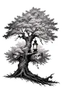 I want a black and white oak tree mixed with a lantern and a pair of lion eyes  tattoo design idea