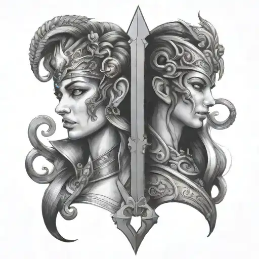 Gemini two faces, queen and female warrior tattoo design idea