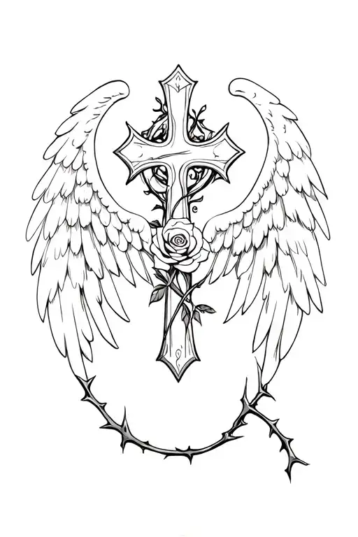 metal gothic cross with angel wings and vines with thorns wrapping. with roses tattoo design idea