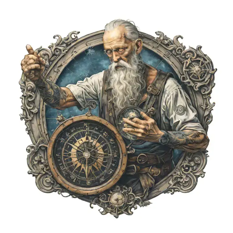 Father Time with tattoos on his arms, holding nautical compass, semi colon unr his wearing eye, start night background  tattoo design idea