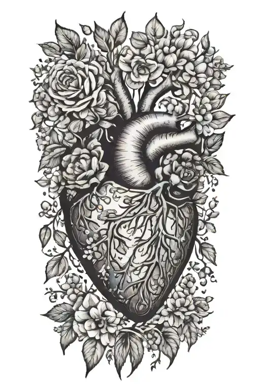 birth flower bouquet with May, August, October, November, February flowers connected  tree branches and anatomical heart tattoo design idea