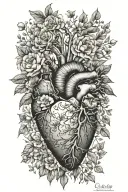 birth flower bouquet with May, August, October, November, February flowers connected  tree branches and anatomical heart tattoo design idea