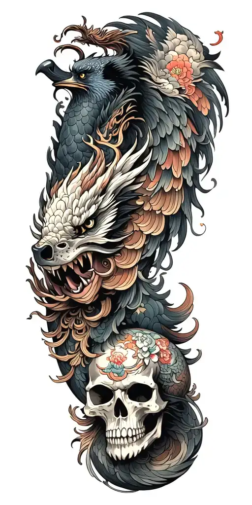 Chinese dragon and phoenix and skull and moon and raven tattoo design idea