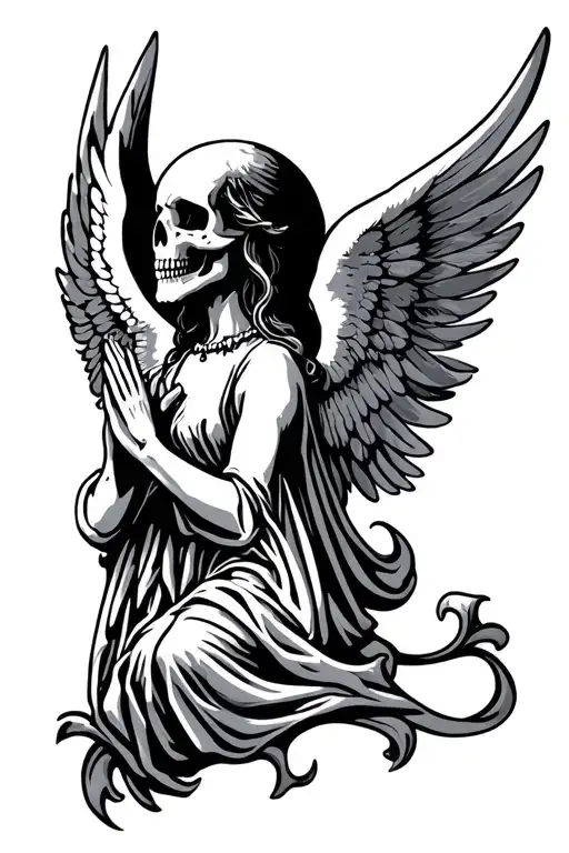 skull wings angel pray tattoo design idea