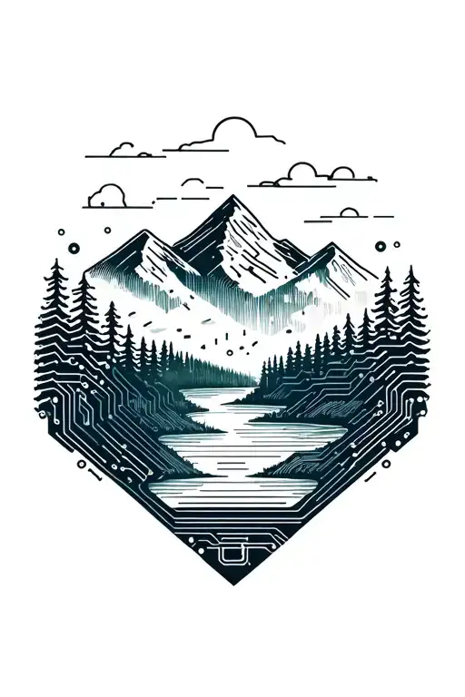 microchip circuit infused with forest with river flowing and  mountain in background  tattoo design idea