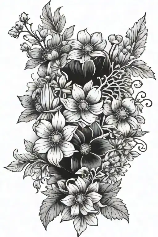 Violets, Cosmos, and chrysanthemum flower bouquet tattoo design idea