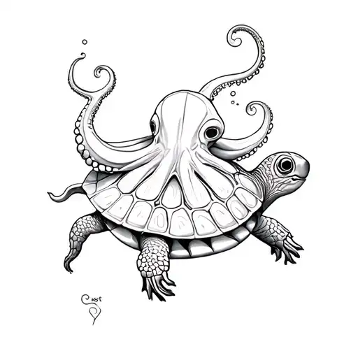 octopus riding a turtle swimming tattoo design idea