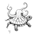 octopus riding a turtle swimming tattoo design idea