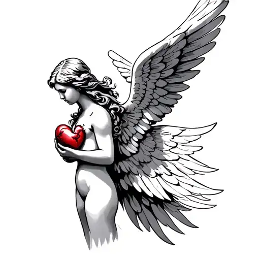 angel from the side with wings spread holding a human heart tattoo design idea