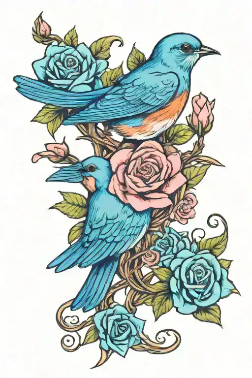 bluebird with pink roses intertwined with a cross tattoo tattoo design idea