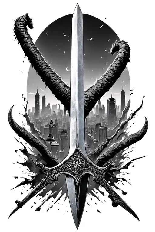 a giant sword destroying a city skyline merging tattoo design idea