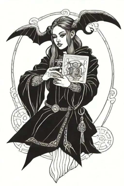 Teifling Priestess holding tarrot card tattoo design idea