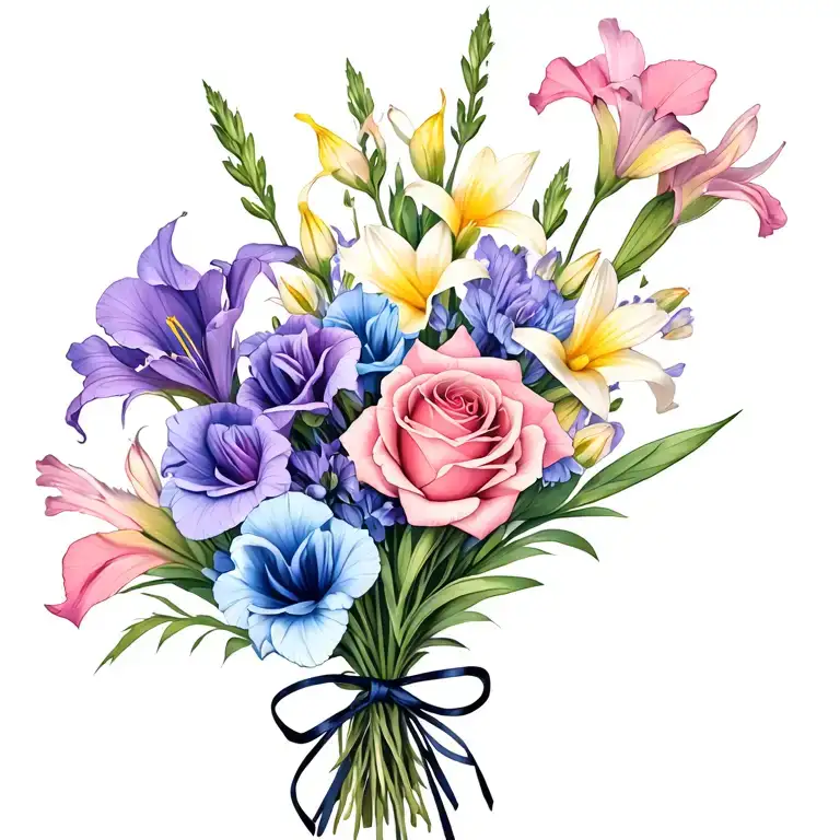 gladiolus, daffodil, rose, sweet pea birth flower bouquet tied with thin bow. I like colors: blues, pinks, purples, cyan tattoo design idea