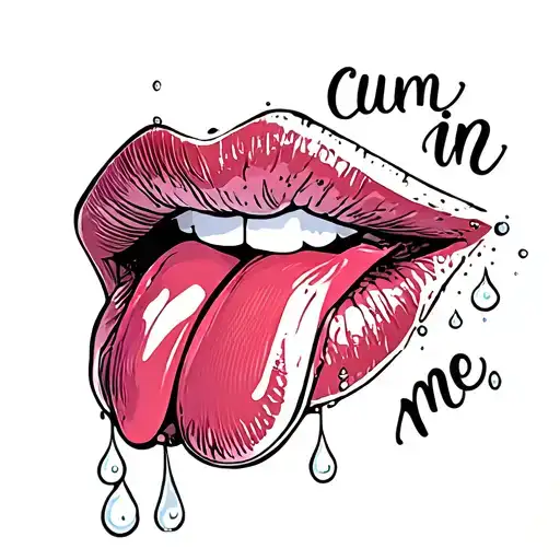 "Cum in me" white droplets, lips and tongue  tattoo design idea