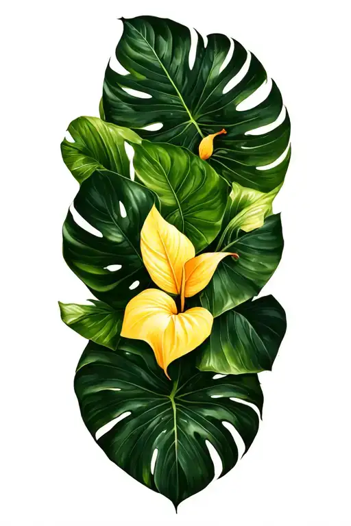 leaves of Philodendron melanochrysum, monstera deliciosa 'aurea' and Anthurium warocqueanum as a tattoo, half sleeve, high tattoo design idea