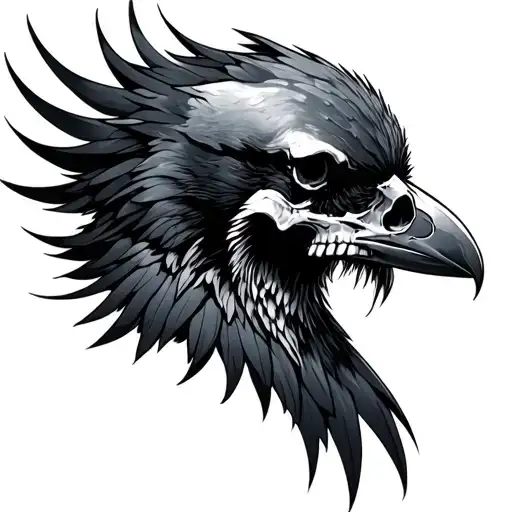 raven with skull tattoo design idea