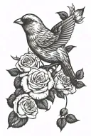 flying canary with roses growing together tattoo design idea