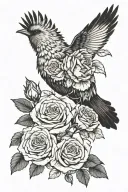 flying canary with roses growing together tattoo design idea