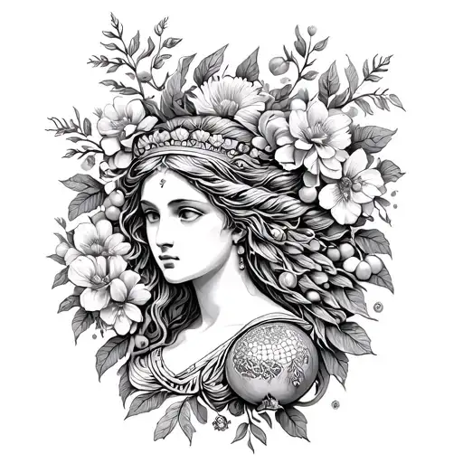 A unique tattoo design of Persephone, the Greek goddess of the underworld, surrounded by blooming flowers and pomegranates, representing rebirth and growth tattoo design idea
