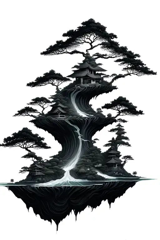 multiple floating islands that have bits of a japanese zen garden on it tattoo design idea