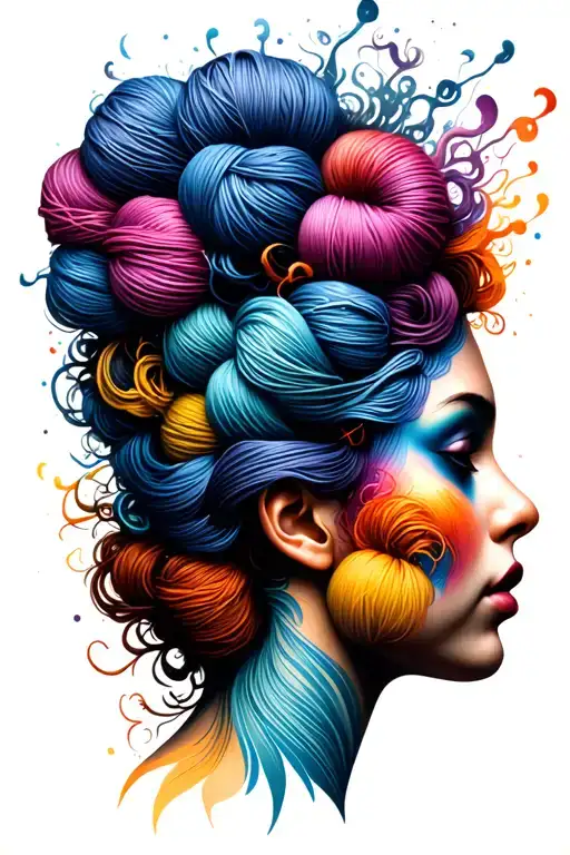 side profile female face with yarn exploding from top it tattoo design idea