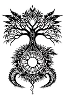 tribal design including army elements, tree of life, dna strand, goddess sun moon, dragon, hawaiian islands tattoo design idea