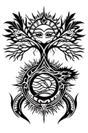 tribal design including army elements, tree of life, dna strand, goddess sun moon, dragon, hawaiian islands tattoo design idea