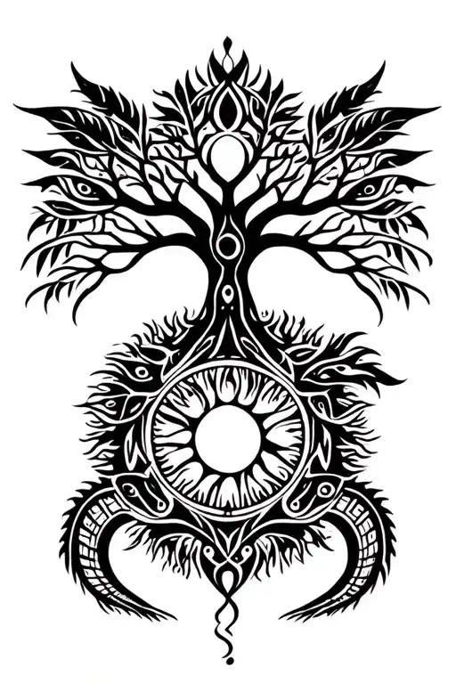 tribal design including army elements, tree of life, dna strand, goddess sun moon, dragon, hawaiian islands tattoo design idea