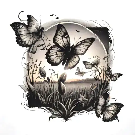 A cat chasing a butterfly in a field at sunset with an inspirational quote tattoo design idea