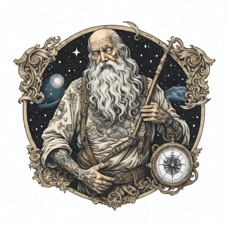 Father Time with tattoos, crying, holding a nautical compass, starry night background  tattoo design idea