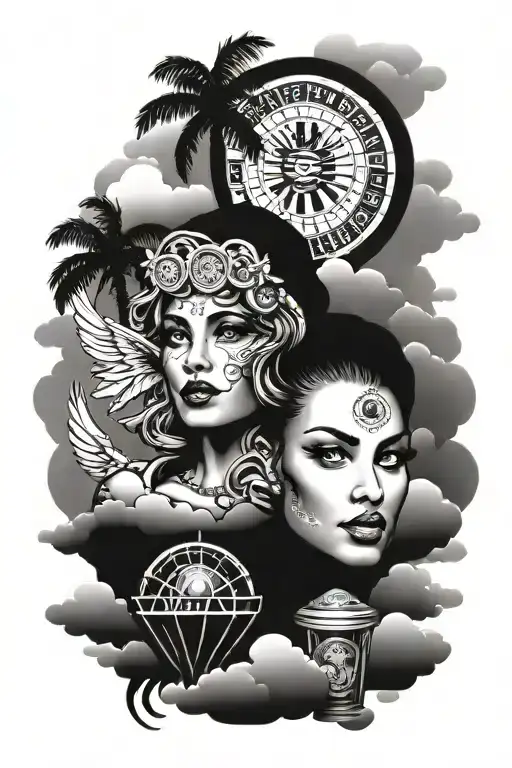 angel face , palm tree , casino roulette wheel , clouds tattoo design idea