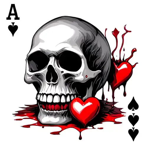 melting skull with a bleeding heart and a queens cards lying tattoo design idea