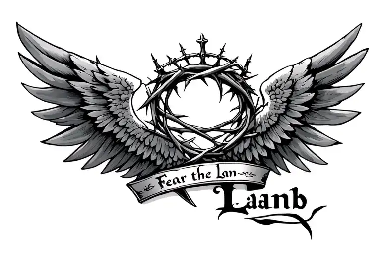 angle wings with a crown of thorns in the middle with the words fear the lamb under it  tattoo design idea