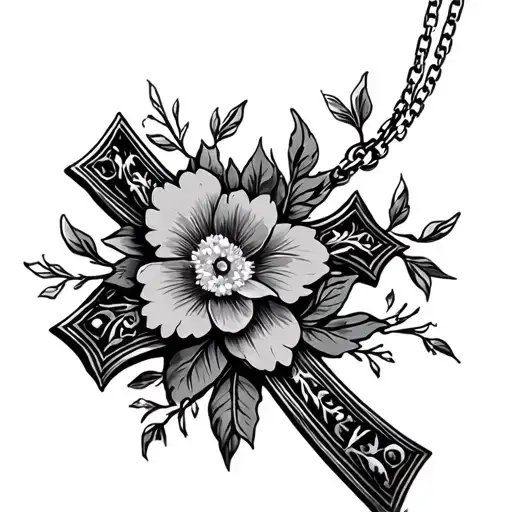 floral cross necklace tattoo design idea