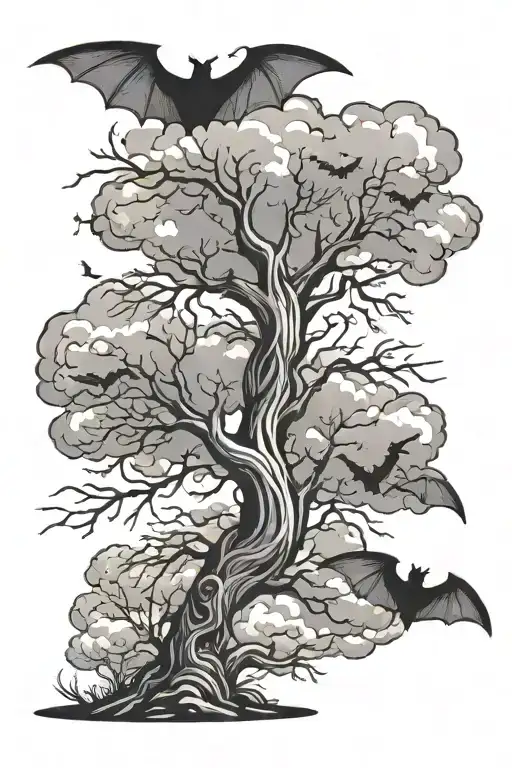 posion tree with bats and clouds behind it tattoo design idea