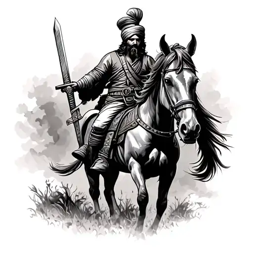 Sikh warrior with horse and sword and background is of historical war on forearm tattoo design idea